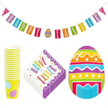 Imagem de HOME & HOOPLA Conjunto de pratos, guardanapos, copos e guirlanda de papel para festa de Páscoa (serve 16) - Pacote de festa de sobremesa de Páscoa brilhante