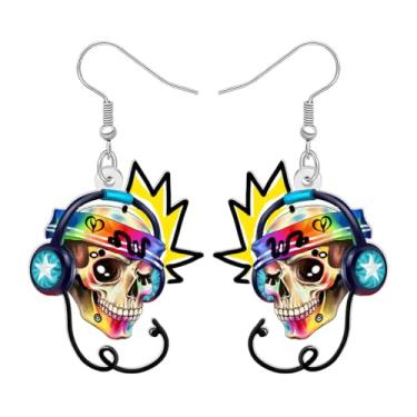 Imagem de DALANE Fones de ouvido góticos engraçados de acrílico com brincos pendentes de crânio, joias punk de Halloween, presentes góticos para mulheres amantes de música, acessórios de roupa, Medium, Acrílico