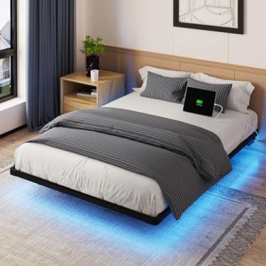 Imagem de OLEVS Estrutura de cama de plataforma flutuante completa com luzes LED inteligentes, estação de carregamento, design moderno de metal, sem necessidade de mola box