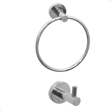 Imagem de Kit Porta Toalha Inox Cromado Toalheiro Argola E Cabide Gancho Simples