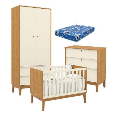 Imagem de Quarto de Bebe Unique 2 Portas com Cômoda Gaveteiro Freijó Off White Eco Wood e Colchão Ortobom - Matic