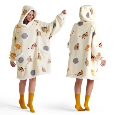 Imagem de Cobertor Vestível Bedsure Sherpa com Capuz e Estampa de Gato