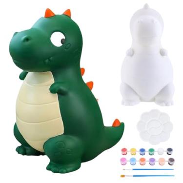 Imagem de WEBEEDY Kit de pintura de banco de moedas de dinossauro de cerâmica branca sem pintura para adultos iniciantes pinte sua própria caixa de economia de moedas com tinta e pincéis, atividades divertidas