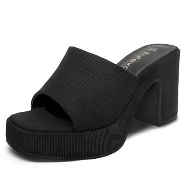 Imagem de Butevar Sandálias femininas de salto alto com bico quadrado, grosso, confortável, sem fecho, plataforma, sapatos sociais casuais, Jeans preto, 36