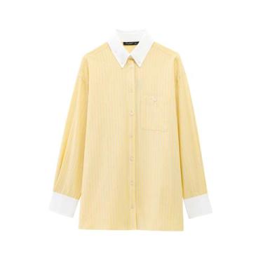 Imagem de Camisa Casual Feminina Solta Com Botões De Lapela Listrada Amarela Man