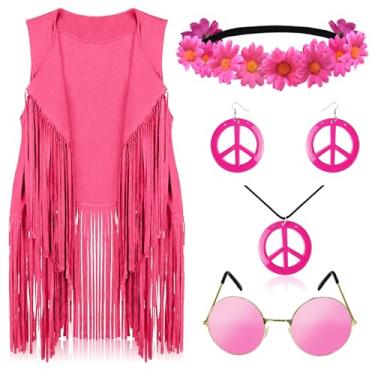Imagem de IncreDecor Roupas femininas dos anos 60, 70, acessórios de fantasia hippie, brincos e faixa de cabeça, conjunto de cardigã com colete de franja, Rosa choque, X-Large
