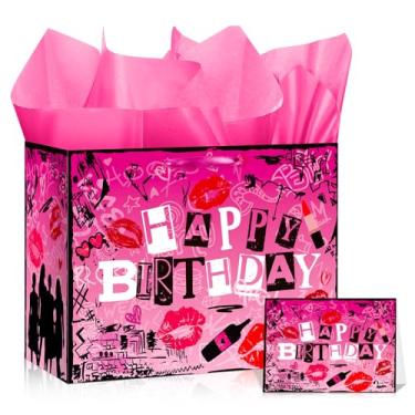 Imagem de Bolsa de presente rosa grande para aniversário, 30 cm, rosa, preta, para presente de feliz aniversário, com cartão de felicitações e papel de seda, grafite, batom, impressão labial, sacos de papel de