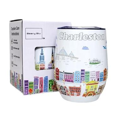 Imagem de Beary Blu City Themed Artwork Série de copos de 355 ml - Projetado nos EUA - Copo isolado a vácuo com tampas - Caneca de viagem de aço inoxidável para vinho e café, água, para bebida quente e fria