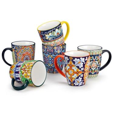 Imagem de vancasso Conjunto de 6 canecas de café de 350 ml, caneca de cerâmica com alça, xícaras de café boho para latte, cappuccino e chocolate quente, conjunto de presente seguro para lava-louças e