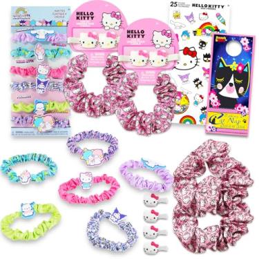 Imagem de Hello Kitty Conjunto Scrunchie – Pacote com 3 presilhas de cabelo, protetor labial, tatuagens, mais | Conjunto de laços de cabelo Hello Kitty