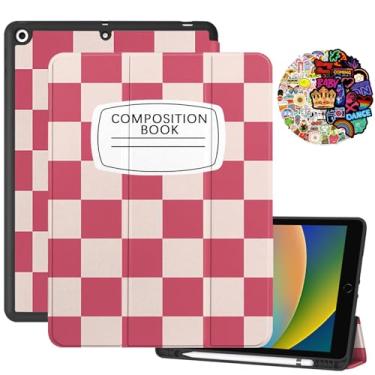 Imagem de Cabreche Compatible with iPad 10.2 inch Case 9th /8th /7th Generation (2021/2020/2019) Pencil Holder Stickers Auto Sleep/Wake Cover Girls Women Cute Preppy Notebook Composition Book-Pink Checkered