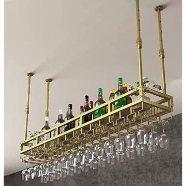 Imagem de Rack de vinho suspenso, altura e largura ajustáveis, suporte de garrafa de vinho de teto com suporte de vidro e prateleira, prateleira de teto montada no teto industrial (cor: ouro, tamanho: 80 x 30