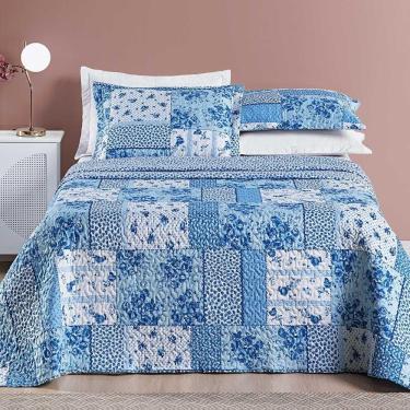 Imagem de Kit Cobre Leito Colcha Dallas Casal Padrão Dupla Face Estampada 3 Peças - Azul Sereno P...