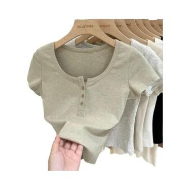 Imagem de Camiseta Feminina Slim Fit De Algodão Com Botões, Manga Curta, Top De 