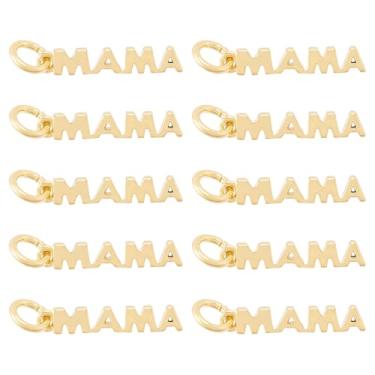 Imagem de FASHEWELRY 10 berloques de latão banhado a ouro 18K com palavra MAMA para fazer joias, presentes de dia das mães, pingentes de amor com anel de salto para mulheres, 16,5 x 3 x 2 mm