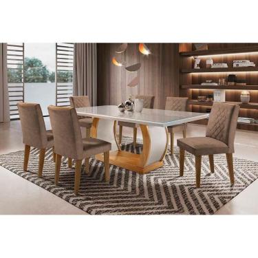 Imagem de Sala De Jantar Completa Jade Tampo Madeirado Com Vidro Reto 180x90 E 6 Cadeiras Jade Imbuia - Veludo Capuccino - Rufato