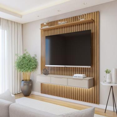 Imagem de Painel Suspenso Ripado 182,8 Cm Com Nicho Vitória 1 Fita De Led 100% Mdf Marrom-cinza