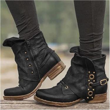 Imagem de Botas De Motociclista De Outono Inverno Botas De Tornozelo De Couro Pu Para Senhoras Botas De Tornozelo De Combate Com Zíper Botas Curtas De Moda Com Chuteiras Botas De Neve Que, Black, 5 UK
