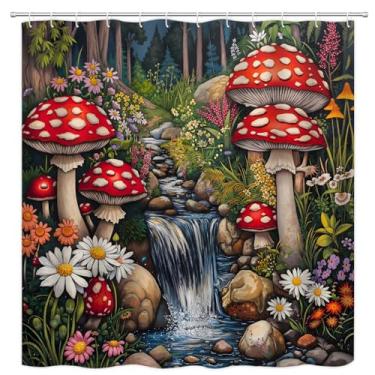 Imagem de PZMPZM Cortina de chuveiro fantasia floresta cogumelo primavera colorido flores silvestres cachoeira contos de fadas encantado país das maravilhas cortinas de tecido poliéster com ganchos 180x170 cm A