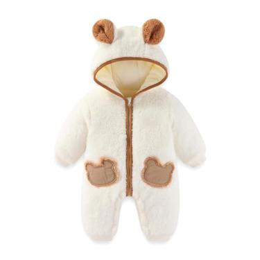 Imagem de JiAmy Macacão de inverno de lã para bebês recém-nascidos com capuz e urso fofo para meninos e meninas de 12 a 18 meses, branco