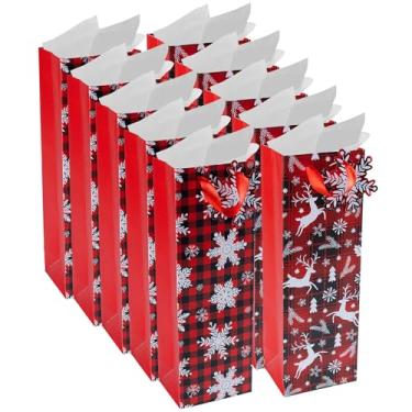 Imagem de RACHELLE'S Sacos de vinho xadrez de Natal – 35,56 x 12,7 x 10,2 cm (pacote com 10) – Sacos de presente de papel resistente com papel de seda, etiqueta e alça - Perfeito para presentes de Natal e