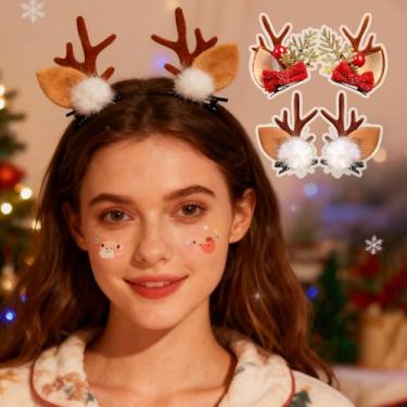 Imagem de 4 peças, pequenas orelhas de veado, chifres de chifres de rena, acessórios de fantasia, orelhas de castanho, festa de Natal cosplay (marrom e vermelho)