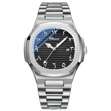 Imagem de Relógio masculino com movimento de quartzo, relógio masculino luminoso à prova d'água, pulseira de aço inoxidável, Prateado, preto, Simples