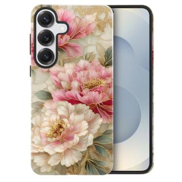Imagem de heindiy Compatível com Samsung Galaxy S25, capa brilhante proteção completa à prova de choque anti-arranhões capa de TPU, capas para homem mulher - estilo vintage peônia flores vitrais
