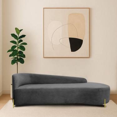 Imagem de Divã Recamier Orgânico França 180cm Lado Dir Pés Metal Dourado Linho Cor Cinza Escuro