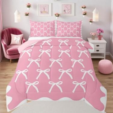 Imagem de Erosebridal Conjunto de cama de princesa rosa, branco, para crianças, meninos, meninas, simples, com nó de borboleta, gravata borboleta, edredom moderno, estético, com laço, edredom