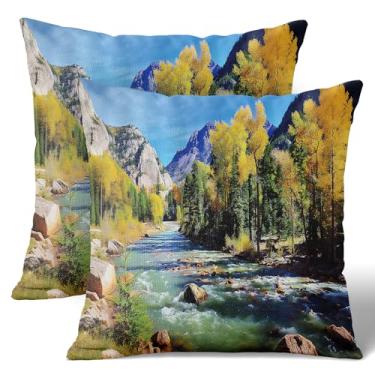Imagem de Wknoon Conjunto de capas de travesseiro de linho 45,7 x 45,7 cm (pacote com 2) - paisagem natural montanhas do Colorado com floresta rio foto idílica, capa de almofada de sofá premium, decoração para