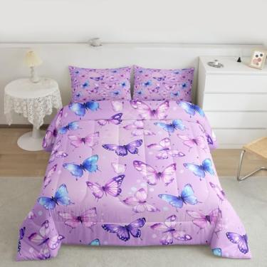 Imagem de jejeloiu Conjunto de edredom solteiro com borboleta, roxo, claro, para crianças, adolescentes, elegante, borboletas, decoração de quarto, 2 peças com 1 fronha