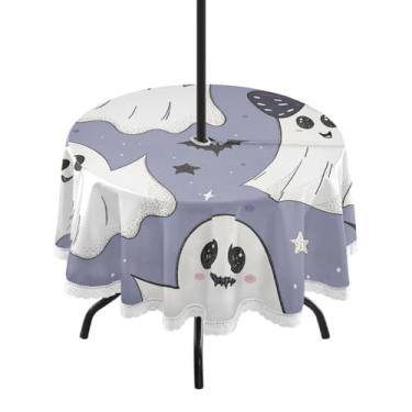 Imagem de Qilmy Linda toalha de mesa Halloween Boos redonda impermeável de 152 cm com orifício para guarda-chuva e zíper – uso externo / interno resistente para pátio, churrascos, piqueniques, festas (serve