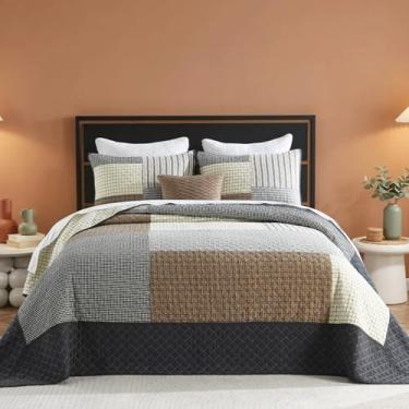 Imagem de QuiltMuse Colcha de algodão king size 120 x 120 – Colcha King macia e leve com 2 fronhas, capa de cama acolchoada xadrez reversível com 2 fronhas, marrom/bege/cinza