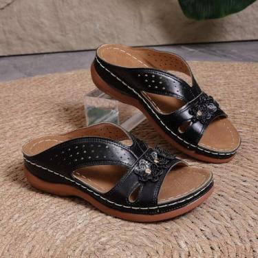 Imagem de Sandálias femininas Peep-Toe Wedge Slide – Sapatos de praia leves e confortáveis para caminhadas no verão, Preto, 39