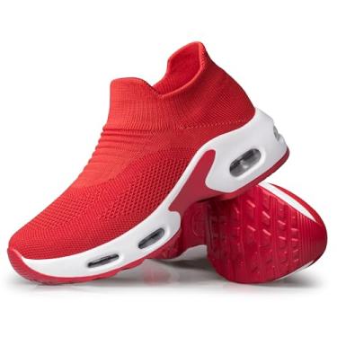 Imagem de YHOON Sapatos de caminhada femininos – meia tênis slip on malha plataforma almofada ar sapatos atléticos trabalho enfermeira confortável, Vermelho - 2, 9