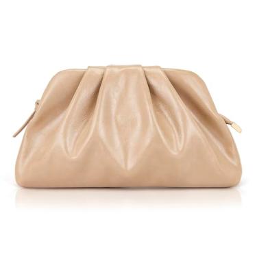 Imagem de Milisente Bolsa clutch feminina plissada de couro PU brilhante com alça de ombro para formatura de casamento formal, Bege escuro