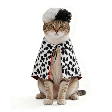 Imagem de Littledropet Fantasia de Halloween de cachorro dálmata com peruca preta e branca, capa para animais de estimação, roupa divertida para cães pequenos, médios e grandes (preto, pequeno (para animais de
