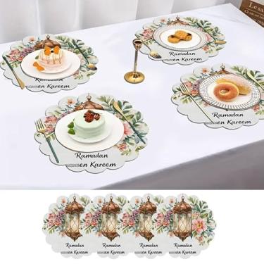 Imagem de Conjunto de 4 tapetes de mesa de tecido Ramadan com lanternas e flores, presentes Ramazan, redondos, 35 cm, laváveis para casa, cozinha, mesas de jantar e restaurantes, antiderrapante, fácil de limpar