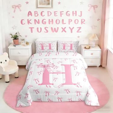 Imagem de Erosebridal Jogo de cama kawaii com laço e laço feminino, letra H, laço romântico, com nó romântico, rosa, princesa, edredom para crianças e meninas