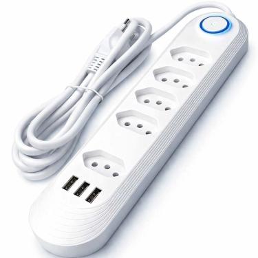 Imagem de Filtro de Linha + DPS Regua De Energia Com 3 USB e 5 Tomadas 3P Bivolt Universal C/ Protetor Descarga de Energia Cabo 2m