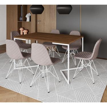 Imagem de Mesa Jantar Industrial Amêndoa Base V 137x90cm 6 Cadeiras Estofadas Eames Nude Médio Aço Branco 