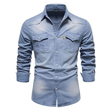 Imagem de CNSTORE Camiseta Masculina Jeans Button Down Button Casual Camisa Masculina Cor Sólida Livre Ferro de Manga Longa Top