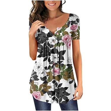 Imagem de Camisetas femininas verão outono manga curta gola quadrada gradiente floral ajuste solto blusa feminina franzida longa 2024, K-855 Branco, M