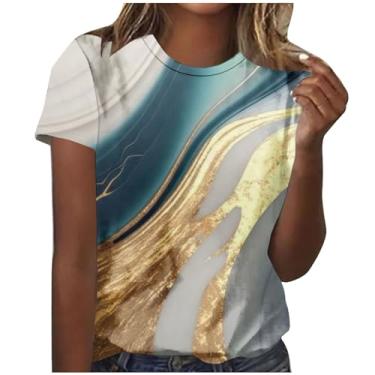Imagem de Blusa feminina manga curta mármore colorido gráfico solto blusa longa para mulheres gola canoa verão outono camisas 2024, R-227 multicolorido, XG