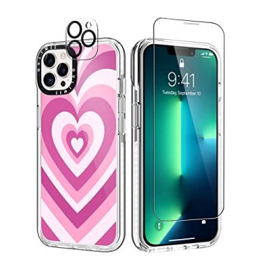 Imagem de [3 em 1] Capa projetada para iPhone 13 Pro Max, coração rosa com capa protetora para celular integrada para iPhone 13 Pro Max, capas de vidro temperado de 6,7 polegadas + protetor de lente de câmera