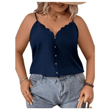 Imagem de MakeMeChic Camiseta feminina plus size sem mangas, alças finas, acabamento recortado, gola V, Azul escuro, XXG Plus Size