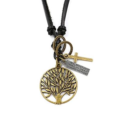 Imagem de Hifunny Colar com pingente de árvore da vida, colar de couro, cruz, círculo, pingente de couro para mulheres e homens, ajustável, árvore da vida, pingente de joias, Metal, Strass