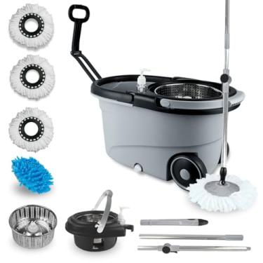 Imagem de Mop Giratório Cinza 16 Litros Cabo 150cm Cesto Em Inox Alça E Roda Com Refil De Microfibra Tira Pó Limpeza Pesada -Nybc