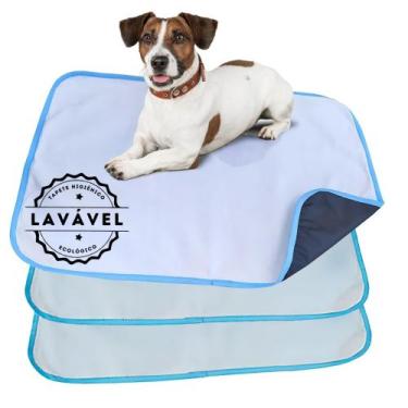 Imagem de Kit com 3 Fraldas de Câes p/Chão 70x50 Branco com borda Azul 200 Lavag